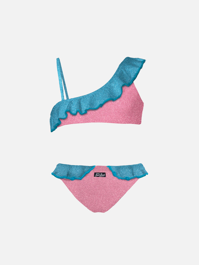 Mc2 Saint Barth Bikini da bambina monospalla in lurex con balze